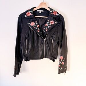 ⭐️ WD.NY Black Leather Jacket with Red Floral Embroidery